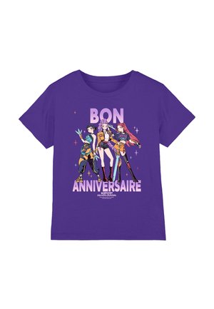 Purple cotton t-shirt featuring colorful graphic design of three characters with "BON ANNIVERSAIRE" text and sparkles. Classic fit, short sleeves.