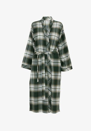 Green plaid robe featuring a shawl collar, tie belt, and long sleeves. Made of soft fabric with a woven check pattern in white and yellow accents.