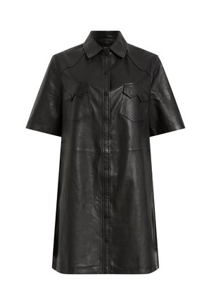 Black leather shirt dress with short sleeves, button front, and two chest pockets. Features a smooth texture and structured design.