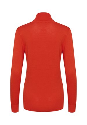 Maglione rosso a maniche lunghe con colletto alto, realizzato in morbido tessuto a maglia. Presenta un design aderente e dettagli a coste sul colletto e sui polsini.