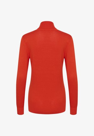 Red long-sleeve turtleneck sweater made of soft knit fabric. Features a fitted design and ribbed accents at the collar and cuffs.