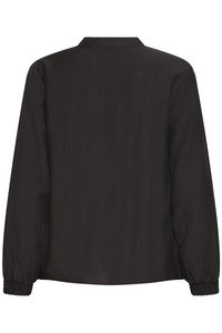 Camicia nera a maniche lunghe con scollo con colletto, polsini elasticizzati e tessuto a trama. Presenta un design posteriore semplice senza decorazioni.