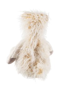 Plush toy sheep with a fluffy white and cream texture, rounded body, and small brown accents on the ears and feet.