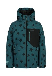 Tirkizna sintetička jakna ima crni uzorak zvijezda, podesivu kapu, dva zatvorena džepa i crni kontrastni panel na prsima.