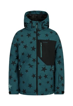 Tyrkysová syntetická bunda má čierny hviezdny vzor, nastaviteľnú kapucňu, dve vrecká na zips a čierny kontrastný panel na hrudníku.