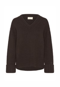 Pull en tricot marron foncé avec un col en V, des manches longues et des poignets et ourlet côtelés. Il présente une coupe décontractée et un motif texturé.