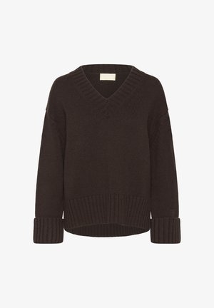 Dunkelbrauner gestrickter Pullover mit V-Ausschnitt, langen Ärmeln sowie gerippten Bündchen und Saum. Verfügt über eine lockere Passform und ein strukturiertes Muster.