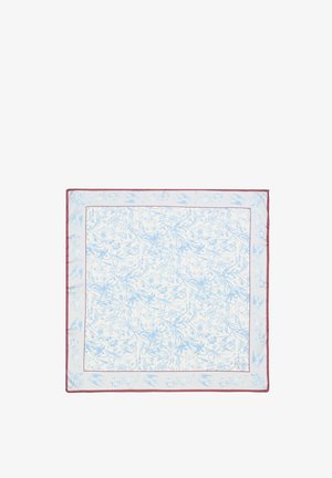 Svetlo modrý hodvábny šál s červeným okrajom. Obsahuje zložité botanické vzory a motívy vtákov, hladkú textúru a štvorcový tvar.