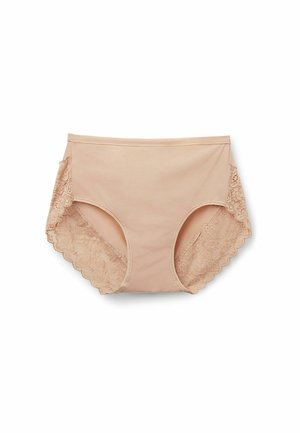 Beżowa bielizna z wysokim stanem z koronkowymi akcentami po bokach, charakteryzująca się gładką fakturą i falbaniastym wykończeniem.