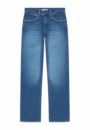 Wijduitlopende jeans van middelblauwe denim. Voorzien van een knoopsluiting, vijf zakken en minimale stiksels. Soepele textuur met een klassieke pasvorm.