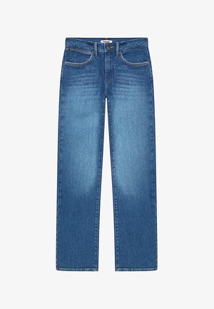 Bredde ben-jeans i medium blå denim. Har en knaplukning, fem lommer og minimal syning. Glat tekstur med en klassisk pasform.