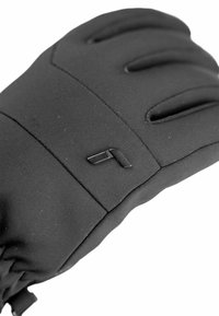 Zwarte geïsoleerde handschoen met een sleek ontwerp, zachte buitenkant, verzwaarde palm grip en een klein logo accent op het polsgebied.