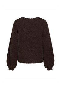 Pull en maille marron foncé à manches longues avec poignets côtelés, vu de dos sur fond blanc.