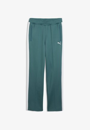 Spodnie dresowe Puma w kolorze morskim z białymi bocznymi panelami. Wyposażone w elastyczny pas i kieszenie na zamek. Wykonane z miękkiego, lekkiego materiału.