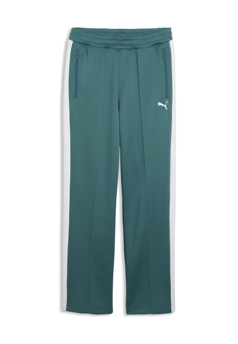 Παντελόνια φόρμας Puma σε τιρκουάζ με λευκές πλαϊνές λωρίδες. Διαθέτουν ελαστική μέση και τσέπες με φερμουάρ. Κατασκευασμένα από απαλό, ελαφρύ ύφασμα.