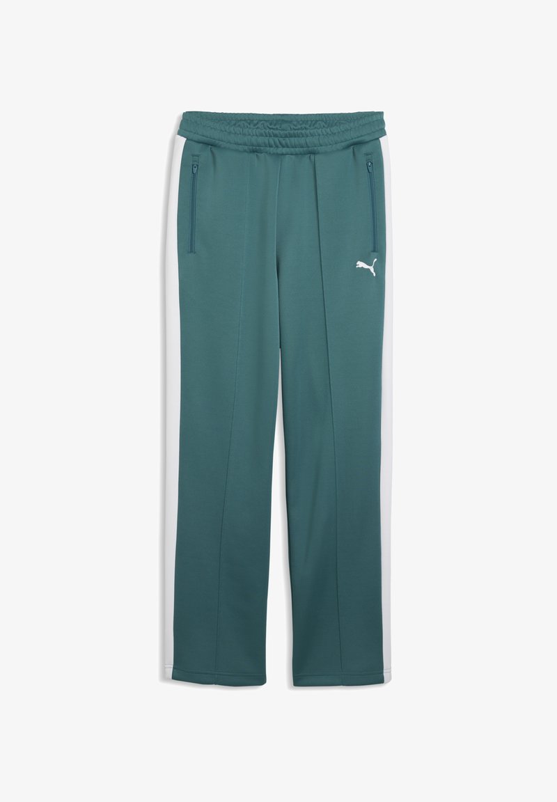 Παντελόνια φόρμας Puma σε τιρκουάζ με λευκές πλαϊνές λωρίδες. Διαθέτουν ελαστική μέση και τσέπες με φερμουάρ. Κατασκευασμένα από απαλό, ελαφρύ ύφασμα.