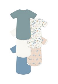 Σετ από έξι κοντομάνικα πουκάμισα σε διάφορα χρώματα: τιρκουάζ, λευκό με ζωικά σχέδια, κρεμ, ανοιχτό μπλε και ριγωτό πορτοκαλί με μπλε λεπτομέρειες.