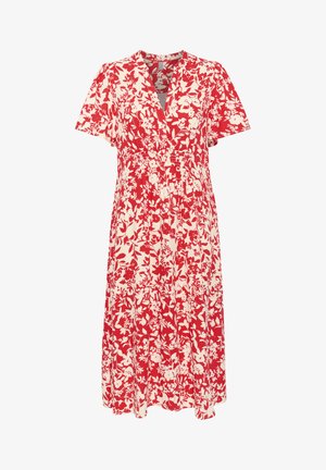 Rood en crèmekleurig bloemenjurkje met korte mouwen, V-hals en een elastische tailleband. Heeft een vloeiende rok met een lengte tot onder de knie.