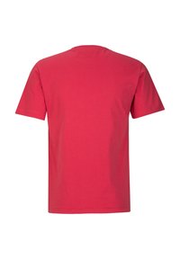 T-shirt rossa in cotone con maniche corte, scollatura a girocollo e design semplice, caratterizzata da una texture liscia e senza loghi o motivi visibili.