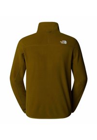 Brown fleece jacket with high collar, long sleeves, and white "The North Face" logo on the upper back right side.