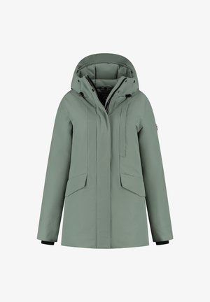 Groene gewatteerde winterjas met capuchon, voorrits, klepzakken en verstelbare manchetten.