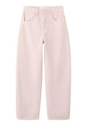 Hellrosafarbene Jeans mit hohem Bund und geradem Bein, vorne mit Taschen, Gürtelschlaufen und einem Knopfverschluss.