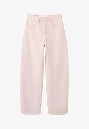 Jasnoróżowe dżinsy o prostych nogawkach i wysokim stanie, z przednimi kieszeniami, szlufkami na pasek i zapięciem na guzik.