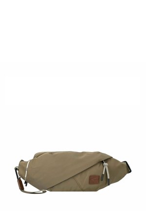 Marsupio kaki con un tessuto testurizzato, design angolato, zip laterale e cordino a contrasto. Presenta una piccola etichetta con il logo.