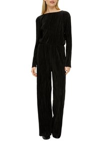 Zwarte jumpsuit met lange mouwen, verticale plooien, taps toelopende manchet en wijde pijpen. Gemaakt van een zachte, gestructureerde stof. Geen zichtbare sluitingen.