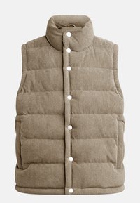 Beige kordbársony mellény, steppelt dizájn, magas gallér, patentgombokkal, oldalsó zsebekkel és függőleges bordázott textúrával.