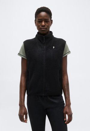 Mujer de pie mirando hacia adelante con un chaleco de forro polar negro con cremallera sobre una camiseta verde de manga corta y pantalones negros, fondo claro y sencillo.