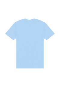 Ljusblå bomulls-T-shirt, korta ärmar, rundad halsringning, enfärgad design med en slät textur och utan synliga logotyper eller mönster.