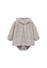 Body bébé à manches longues à motif floral dans des couleurs claires, avec un col et un buste froncé, ainsi qu'un bas élastiqué.