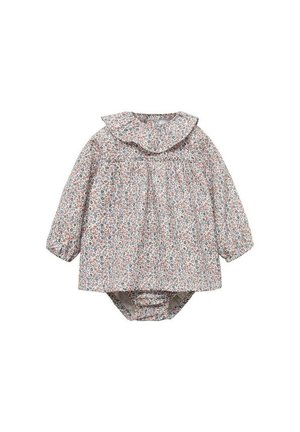 Blommönstrad babyscape med långa ärmar, volangkrage, samlad midja och tryckknappar i botten. Tyget är mjukt och lätt.