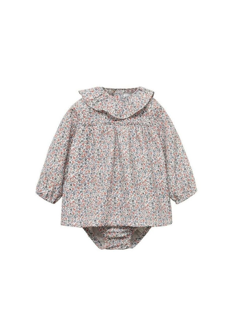 Body bébé à manches longues à motif floral dans des couleurs claires, avec un col et un buste froncé, ainsi qu'un bas élastiqué.