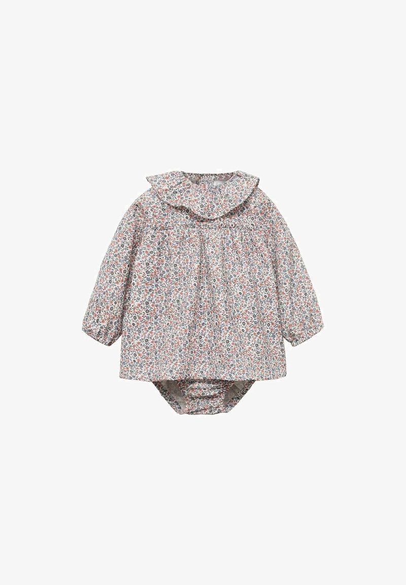 Body bébé à manches longues à motif floral dans des couleurs claires, avec un col et un buste froncé, ainsi qu'un bas élastiqué.
