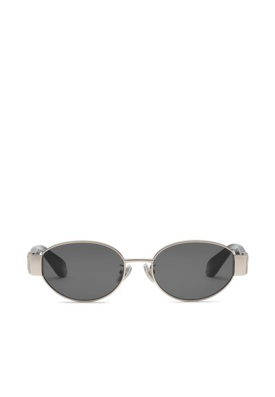 Lunettes de soleil ovales avec une fine monture en métal argenté et des verres teintés foncés, présentées sur un fond blanc.