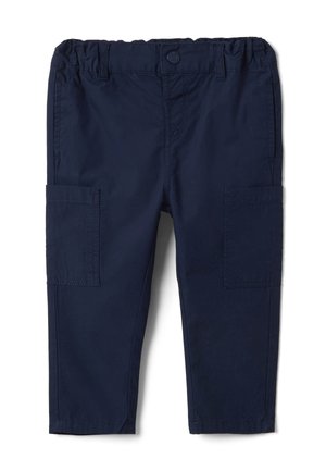 Pantaloni cargo blu navy da bambino con vita elastica, bottone frontale, passanti per cintura, tasche a toppa laterali e design a gamba dritta.