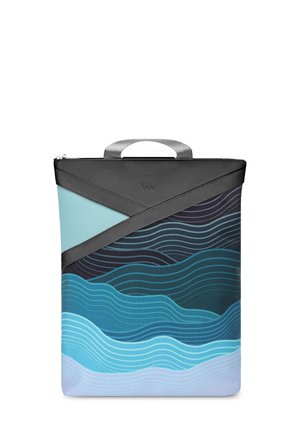 Laptop sleeve with a black and light blue geometric design. Features wave patterns in varying shades of blue and a top handle for easy carrying.