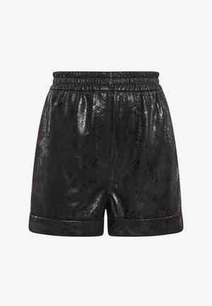 Sorte shorts lavet af skinnende, struktureret materiale med et slangeskindsmønster. Elastisk talje og opsmøgede kanter. Velegnet til afslappet brug.