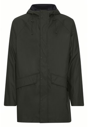 Impermeabile giacca a vento verde scuro con cappuccio, chiusura frontale a bottoni a scatto, due tasche anteriori e una vestibilità rilassata con maniche a raglan.