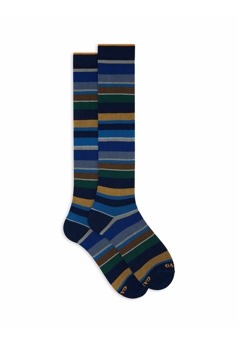 Calze alte fino al ginocchio con strisce blu, verdi, marroni e grigie, realizzate in tessuto morbido con rinforzi sul tallone e sulla punta, logo alla caviglia.