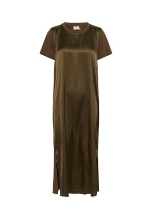 Rochie lungă, verde măsliniu, cu un finisaj satinat, având mâneci scurte contrastante, de culoare maro și fante laterale pentru o mai bună libertate de mișcare.