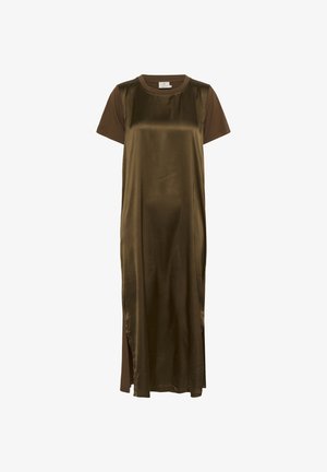 Rochie lungă, verde măsliniu, cu un finisaj satinat, având mâneci scurte contrastante, de culoare maro și fante laterale pentru o mai bună libertate de mișcare.