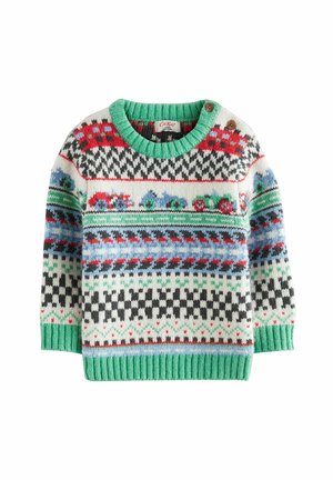 Maglione lavorato a maglia con un design a motivo nei colori rosso, verde, nero e blu, collo rotondo e dettaglio con bottoni sulla spalla. Tessuto testurizzato.