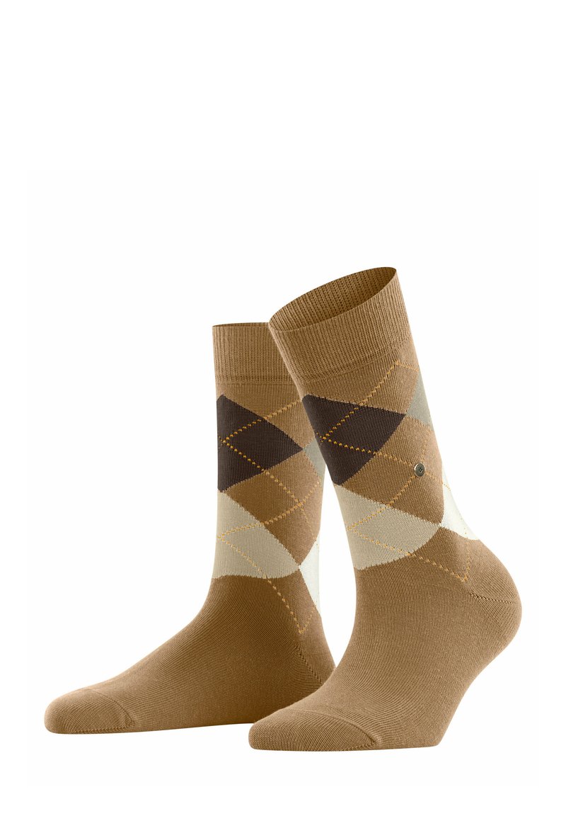 Calzini argyle marroni con un mix di motivi a diamante beige, crema e marrone scuro, con un piccolo logo sul lato esterno.