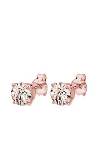 Cercei din aur roz cu pietre mari rotunde clare, montate într-un design cu șase colți. Spatele este marcat cu "925" pentru argint sterling.