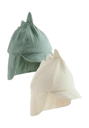 Two children's caps, one green and one cream, with fabric spikes on top and extended neck flaps for sun protection.