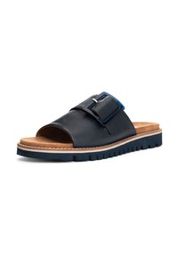 Black leather slide sandal with a wide strap, large blue buckle, and a cushioned beige insole. Features a textured blue rubber sole.