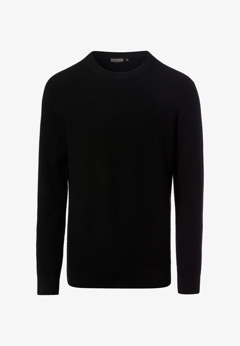 Pull noir à manches longues avec encolure ras-du-cou, motif tissé texturé et poignets et ourlet côtelés.